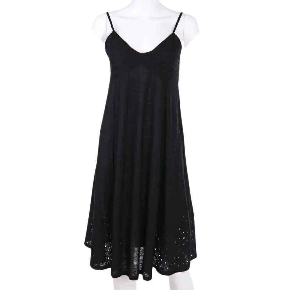 EUC Zara Womens Eyelet Little Black Midi Dress with Delicate Lace Accents